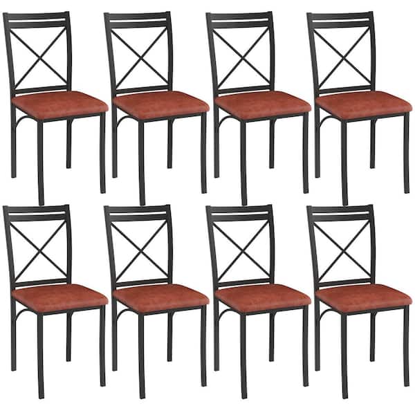 VECELO Dining Chairs (Set of 8) w/ Steel Legs, Ergonomic Back and PU Leather Cushioned Seats for Kitchen and Living Room, Brown
