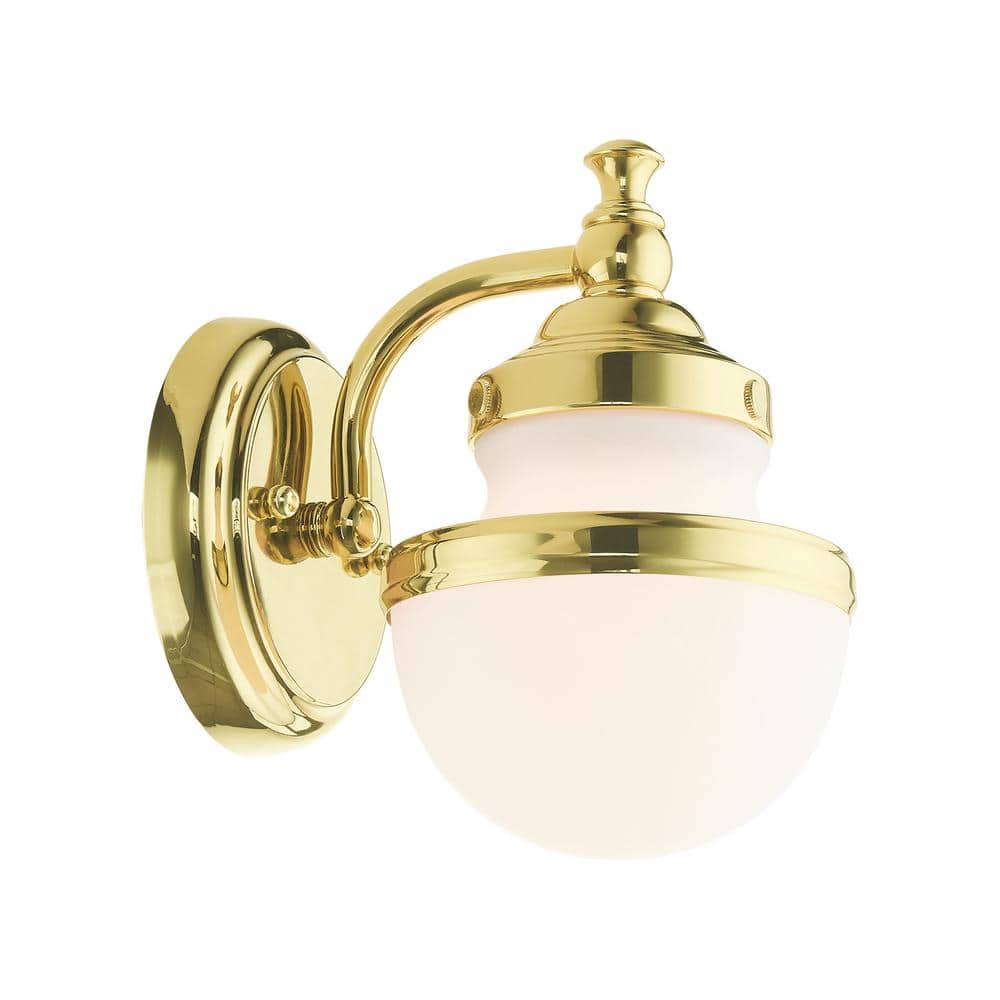 Oldwick Polished Brass 1-Light Sconce with Satin Opal White Glass