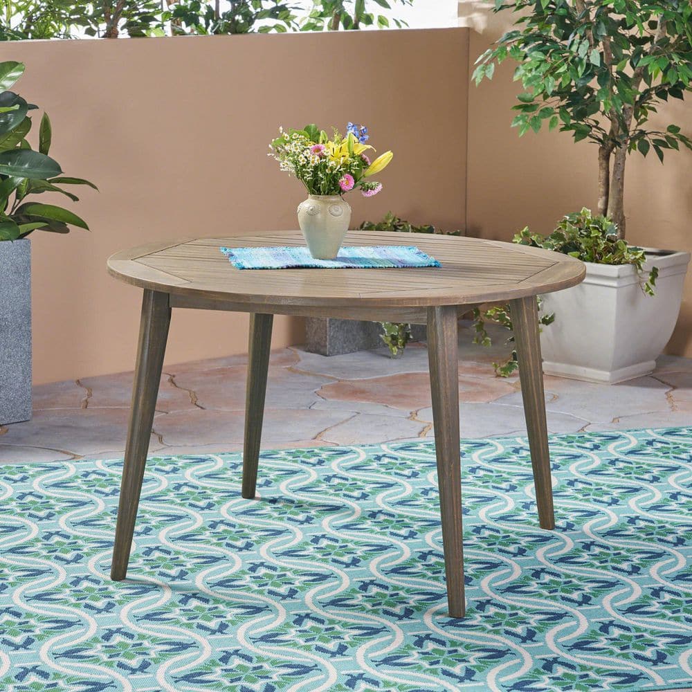 Gray Acacia Wood Round Outdoor Dining Table for 4