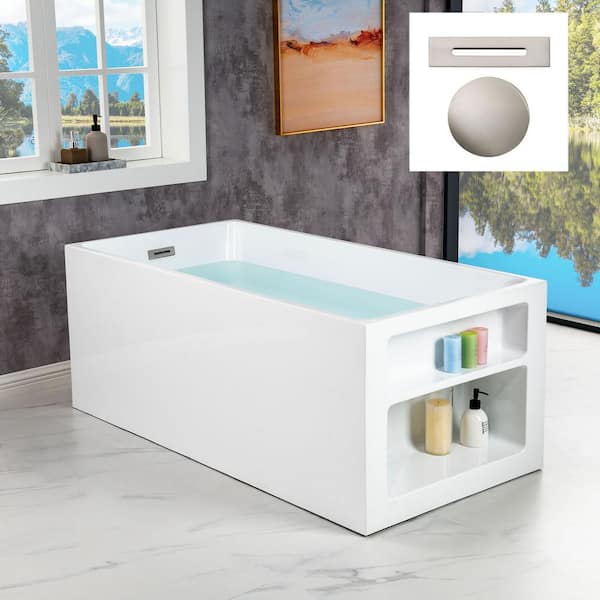 WOODBRIDGE Coral 59 in. Acrylic Freestanding Rectange Soaking Bathtub with Brushed Nickel Drain and Overflow Included in White