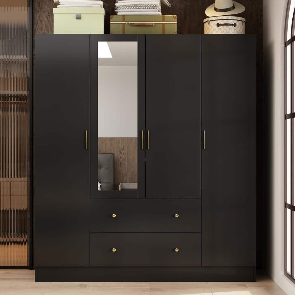 FUFU&GAGA Black Wood Grain 63 in. W 4-Door Big Armoires With