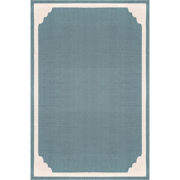 Hera Teal 9 ft. x 12 ft. Rubber Back Washable Corner Bordered Indoor Outdoor Patio Area Rug