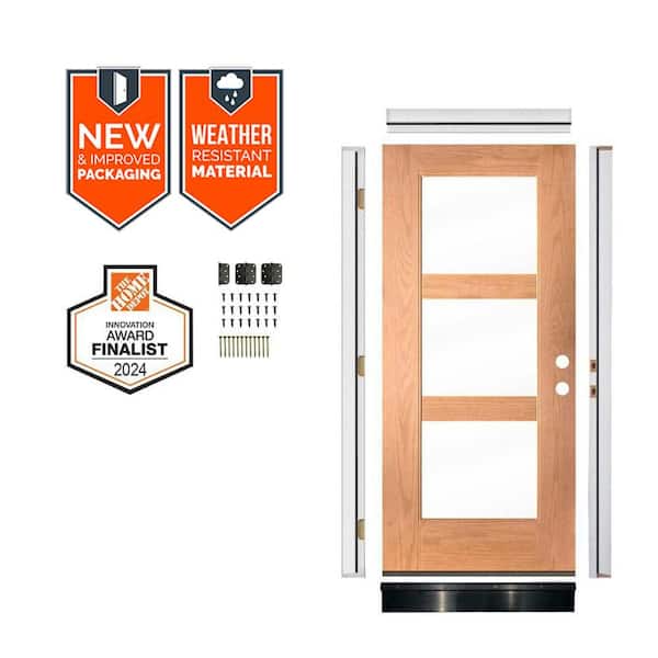 Krosswood Doors DIY Modern 36 in. x 79 in. 3-Lite Left-Hand Clear Glass Teak Stain Fiberglass Front Door Kit w/ Quick Assemble Jamb