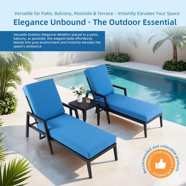 Unbranded 3-Piece Aluminum Outdoor Patio Furniture Chaise Lounge Set with Blue Cushion,Pneumatic Adjustable Backrest for Reclining