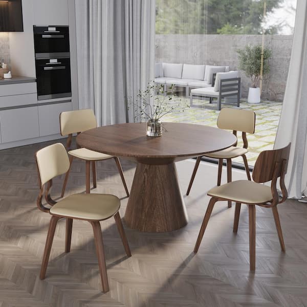 Leather Dining Chair with Poplar Wood Frame and Open Back Design Accent Side Chairs in Walnut/Cream