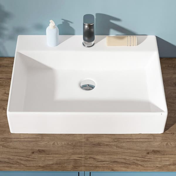 HOMLYLINK 23 in. Wall Mount Bathroom Sink Rectangular Ceramic Vessel Bathroom Sink in Glossy White Wall Hung Sink