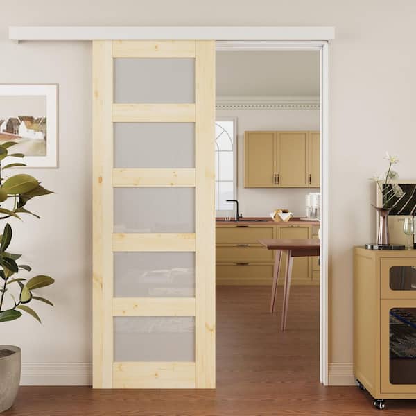 ARK DESIGN 28 in. x 80 in. Hidden Track Style 5-Lite Frosted Glass Unfinished Glass Sliding Barn Door with Hardware Kit