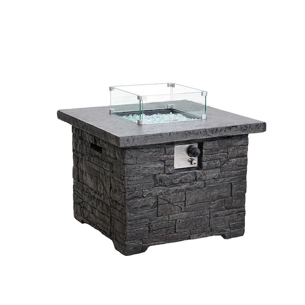 Unbranded 32 in. 50,000 BTU Outdoor Propane Gas Fire Pit Table with Glass Wind Guard and Fire Glass Beads Faux Stone Surface