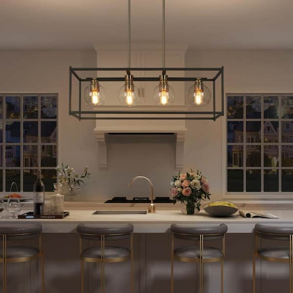 32.5 in. 4-Light Black Modern Island Chandelier, Globe Seeded Glass Pendant Light, Brass-Plated Farmhouse Light Fixture