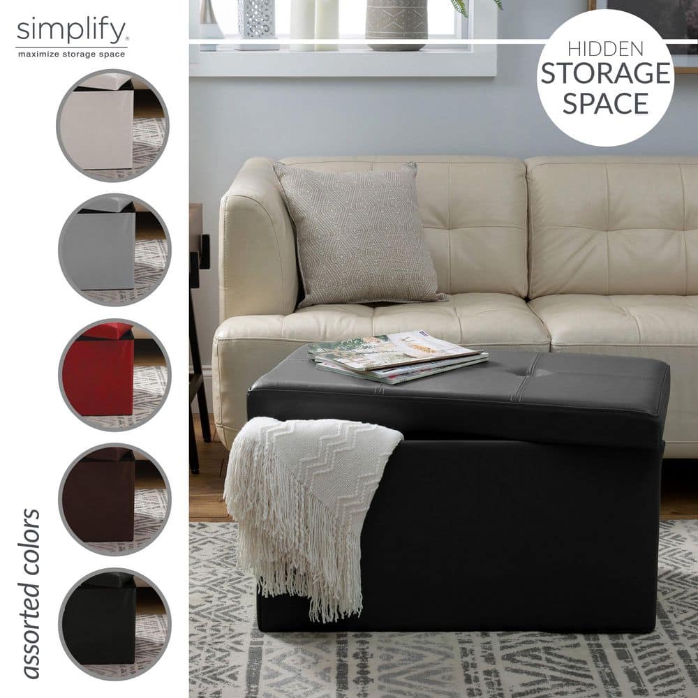 Black Faux Leather Collapsible Storage Ottoman with Tufted Top
