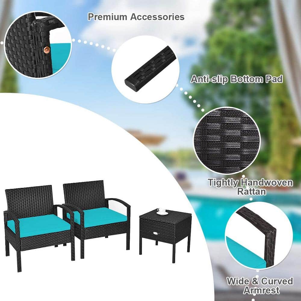 Turquoise 3-Piece Outdoor Wicker Rattan Patio Set