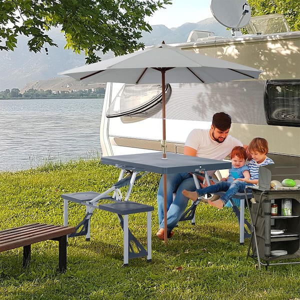 Misopily 53 in. Dark Gray Rectangle Aluminum Folding Picnic Table with 4-Seats and Umbrella Hole