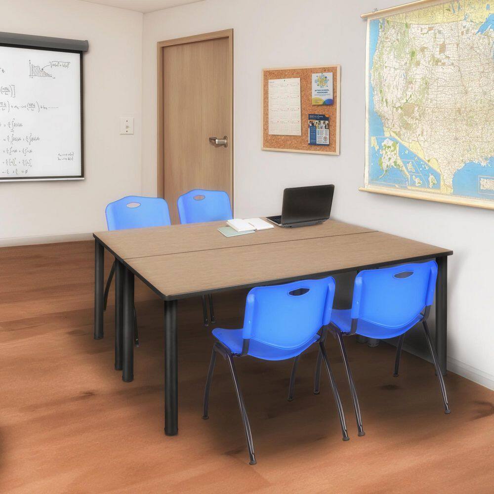 Kee 66 in x 24 in. Noble Oak Top Training Table Desk, Black Legs & 2 M Stack Chairs-Blue
