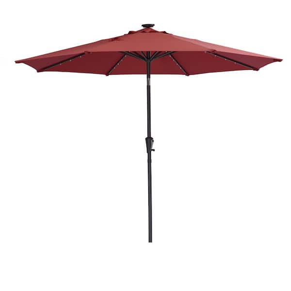 Kahomvis 8-3/5 ft. Outdoor Powder-Coated Steel Market Push Button Tilt Patio Umbrella with 40 Solar LED Lights and Crank in Red