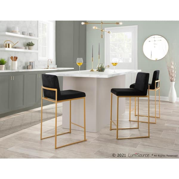 Fuji 35.5 in. Black Velvet and Gold Steel High Back Counter Height Bar Stool (Set of 2)