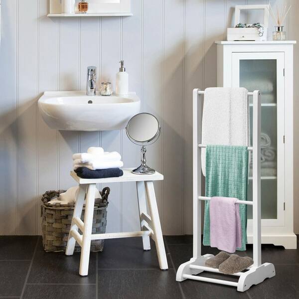 Casainc 3 Bar Acacia Wood Freestanding, White Wooden Towel Rack For Bathroom