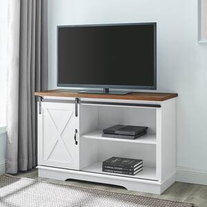 44 in. Reclaimed Barnwood and Solid White Farmhouse Sliding X-Door TV Stand Fits TVs up to 50 in.