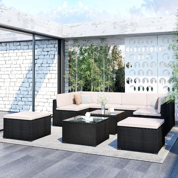 Tunearary Black 10-Piece Rattan Wicker Sectional Sofa Chair Patio Conversation Set with Beige Cushion