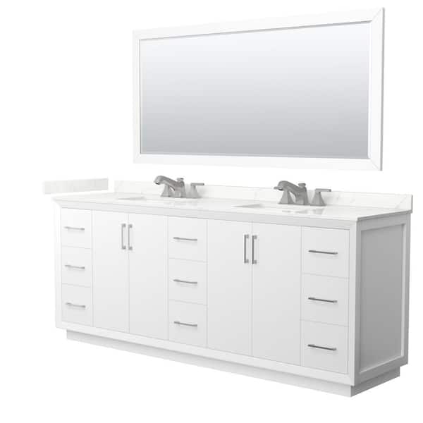 Wyndham Collection Strada 84 in. W x 22 in. D x 35 in. H Double Bath Vanity in White with Giotto Quartz Top and 70 in. Mirror