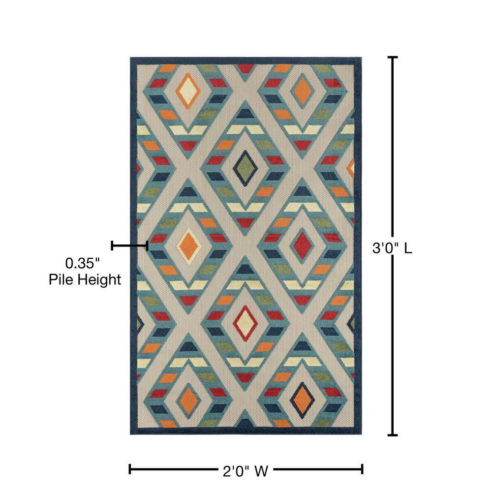 Reversible Rectangular Blue Geometric Easy-Care Area Rug