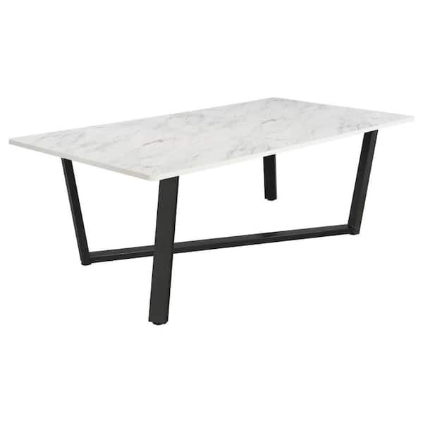 Benjara White and Black Marble Rectangle 87 in. Sled Base Dining Table Seats 8