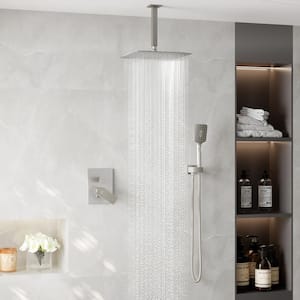 Square 3-Spray Patterns 12 in. Ceiling Mount Rain Dual Shower Heads with Handheld and Valve in Brushed Nickel