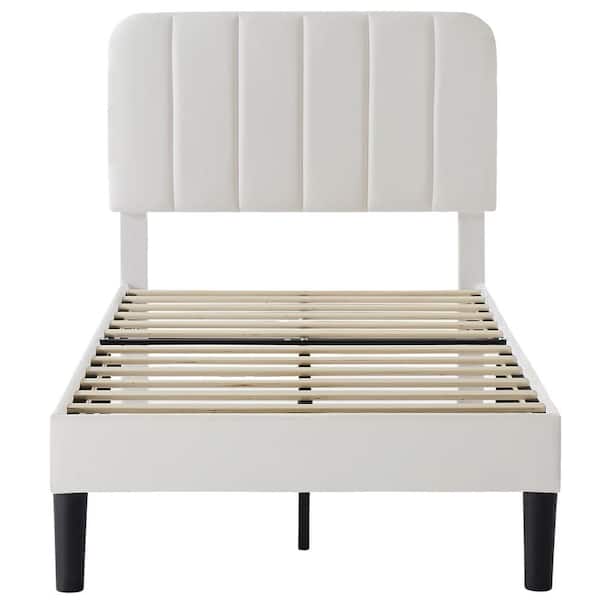 Upholstered Bed, White Twin Bed Platform Bed Frame with Adjustable Headboard, Strong Wooden Slats Support Bed Frame