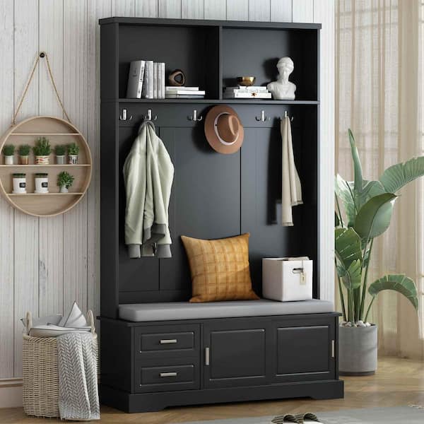 Polibi Elegant Hall Tree with Sliding Doors, 6 Silvery Hooks and Handles, Shoe Storage and 44.4 in. W Cushion, Black