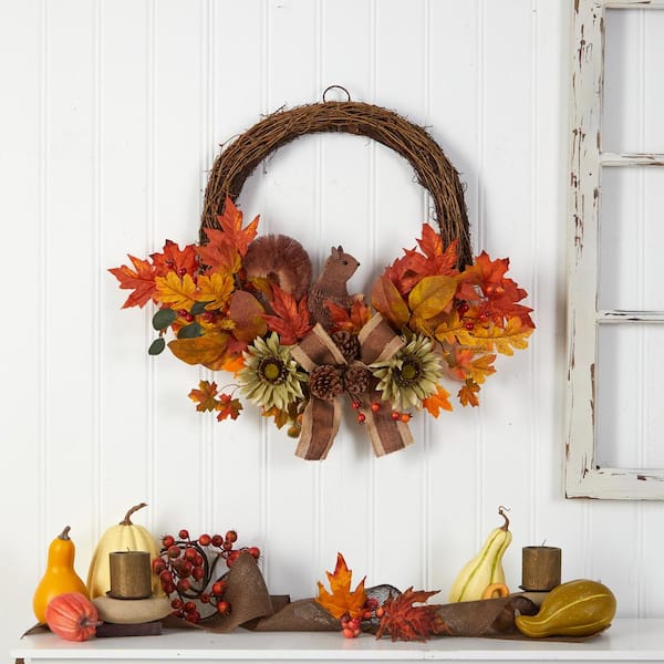 Fall Wreath Autumn Wreath Supplies with Grapevine Wreath, Pumpkin ,Maple  Leaves and Artificial Berries for Autumn Halloween Thanksgiving Day
