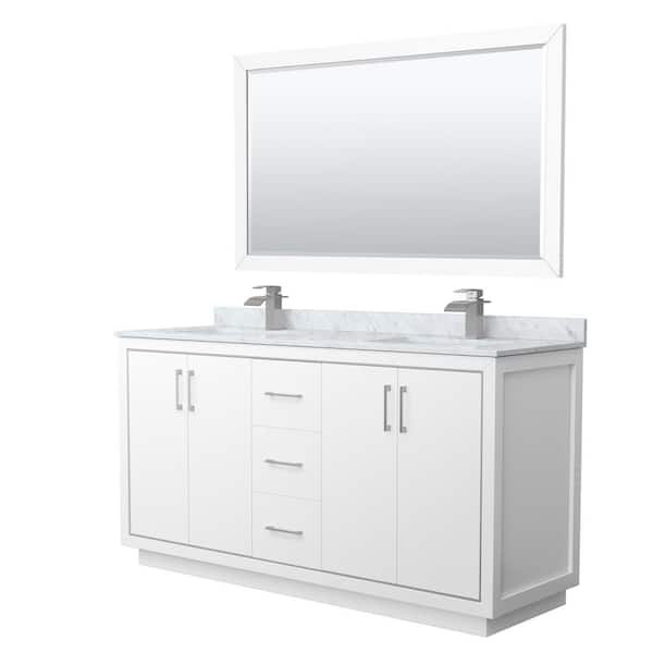 Wyndham Collection Icon 66 in. W x 22 in. D x 35 in. H Double Bath Vanity in White with White Carrara Marble Top and 58" Mirror