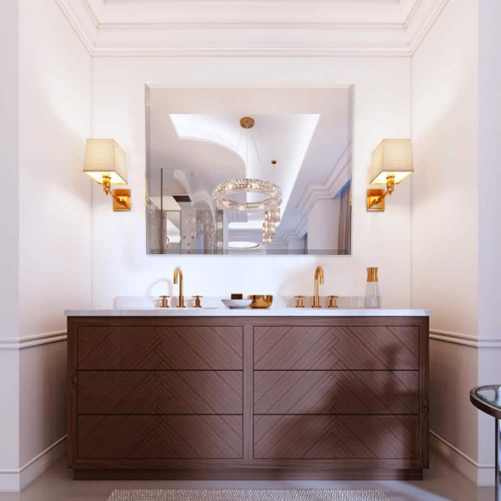 Elegant 36" Square Frameless Beveled Wall Mirror with Shelf