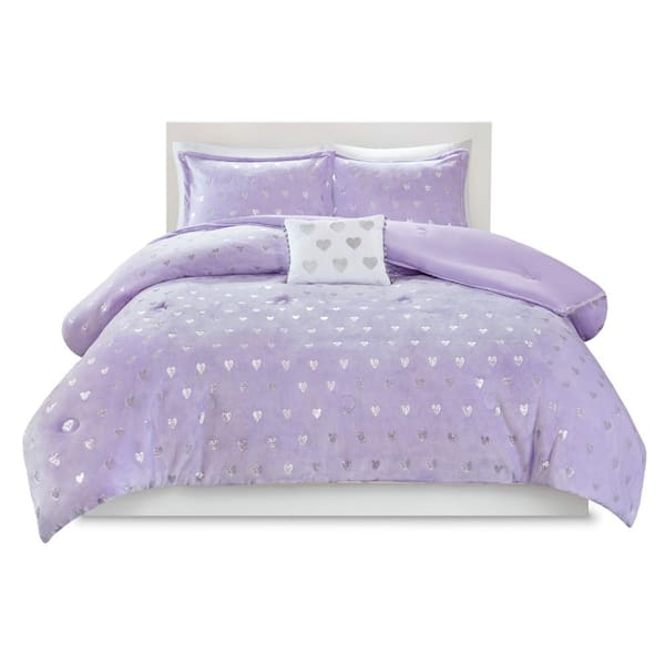 Jenna 3-Piece Purple/Silver Twin/Twin XL Metallic Printed Plush Comforter Set