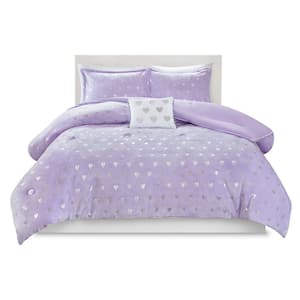 Jenna 4-Piece Purple/Silver Full/Queen Metallic Printed Plush Comforter Set
