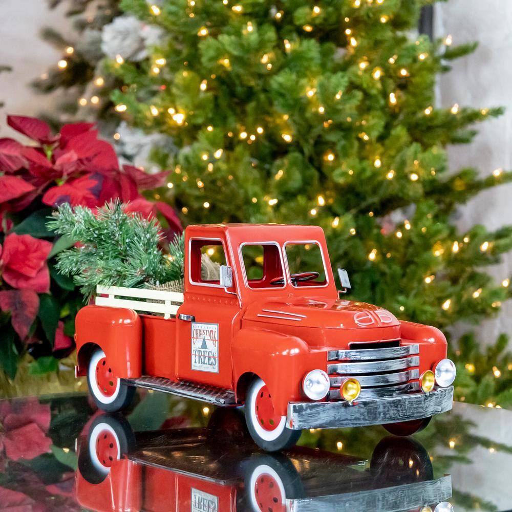 18 in. Red Metal Vintage Truck Decoration with Glossy Finish