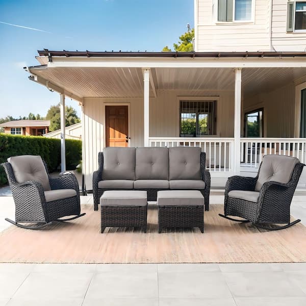 Carlos 5-Piece Brown Wicker Patio Conversation Set 3-Seat Sofa with Rocking Chairs and Gray Cushions