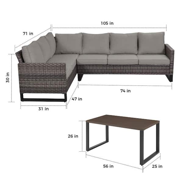 4-Piece Gray Wicker Patio Conversation Set with Olefin Gray Cushions and Sectional Sofa/ Metal Coffee Table