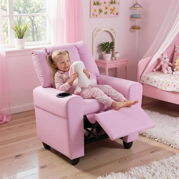 Pink Faux Leather Upholstery Kids Recliner Couch Chair with Cup Holder Black