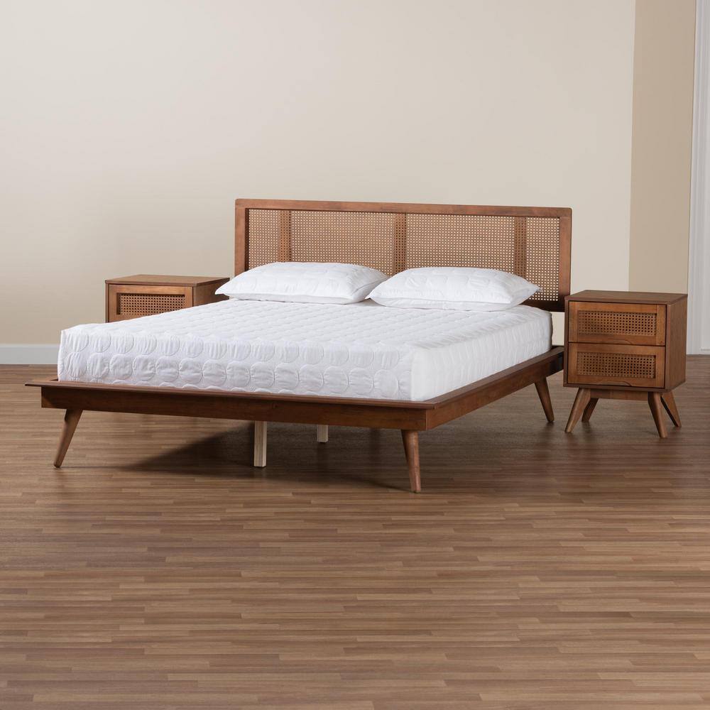 Walnut Brown Wood and Rattan King Size 3-Piece Bedroom Set