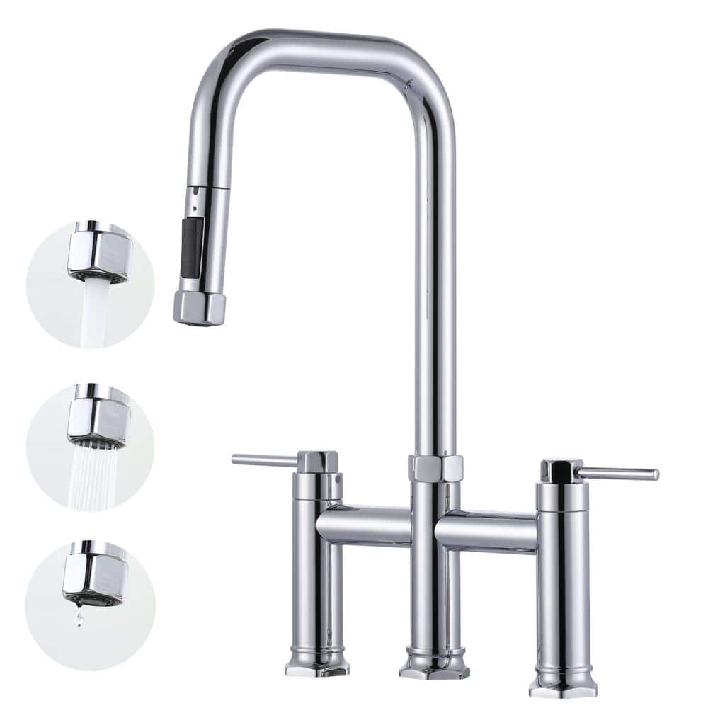 Brass Double Handle Deck Mounted Bridge Kitchen Faucet with Pull-Down Spray Head in Polished Chrome price history on PriceWatchPro