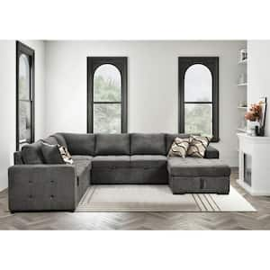 123.5 in. U-Shaped Polyester Sectional Sofa in Charcoal Grey with Pull-out Bed, Storage Chaise