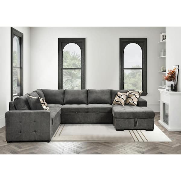 sumyeg 123.5 in. U-Shaped Polyester Sectional Sofa in Charcoal Grey with Pull-out Bed, Storage Chaise