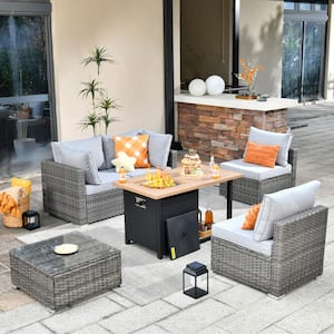 Sanibel Gray 6-Piece Wicker Outdoor Patio Conversation Sofa Set with a Storage Fire Pit and Light Gray Cushions