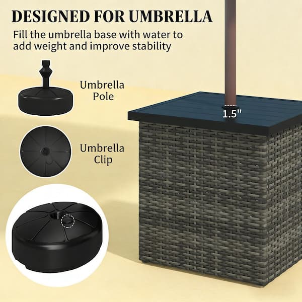 Outdoor Gray Rattan and Steel Side Table with Umbrella Hole
