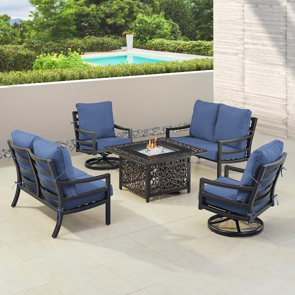 Oakland Living Black 6-Piece Aluminum Patio Fire Pit with 2-Deep Seating Loveseat and 2-Club Chairs Blue Cushions