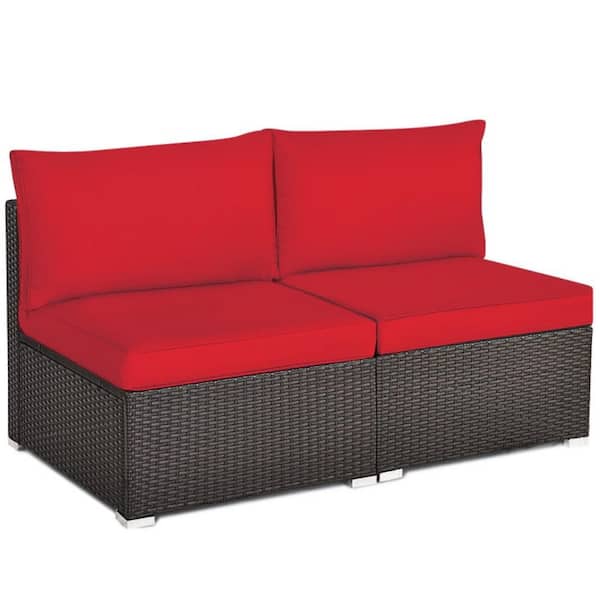 Kadehome (2-Piece) Wicker Outdoor Patio Rattan Armless Sectional Sofa Set with Red Cushions, Aluminium Feet for Patio and Garden