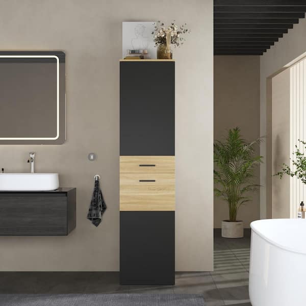 17.7 in. W x 17.7 in. D x 72.2 in. H Dark Gray with Log Wood Freestanding Bathroom Linen Cabinet with 2 Cabinets
