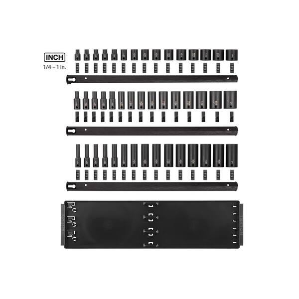 3/8 Inch Drive Shallow, Semi-Deep, and Deep 6-Point Impact Socket Set with Rails and Trays, 45-Piece (1/4-1 in. )