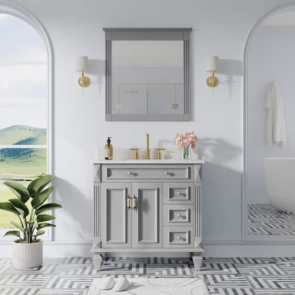 36 in. W x 22 in. D x 35 in. H Single Sink Solid Wood Bath Vanity in Grey with White Stain-Resistant Quartz Top,Mirror