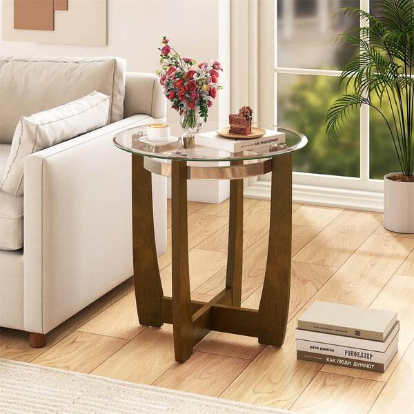 Costway 1 Piece 24 in. Walnut Round Glass End Table with Tempered