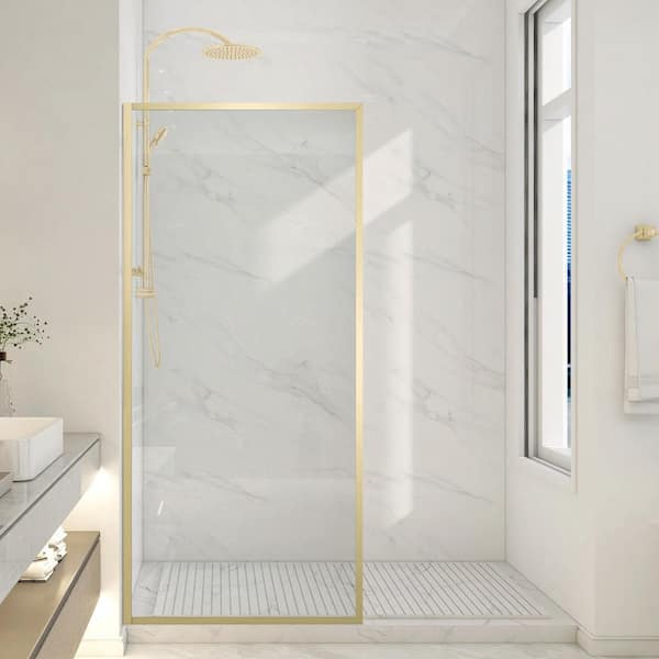 Welle 34 in. W x 74 in. H Fixed Framed Shower Door in Brushed Gold Finish with 5/16" (8mm) Tempered Clear Glass